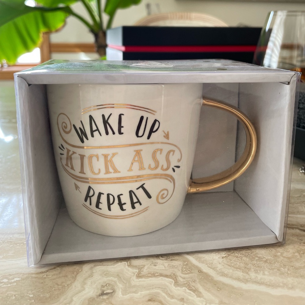 NEW IN BOX Ceramic Mug “Wake Up Kick Ass Repeat”